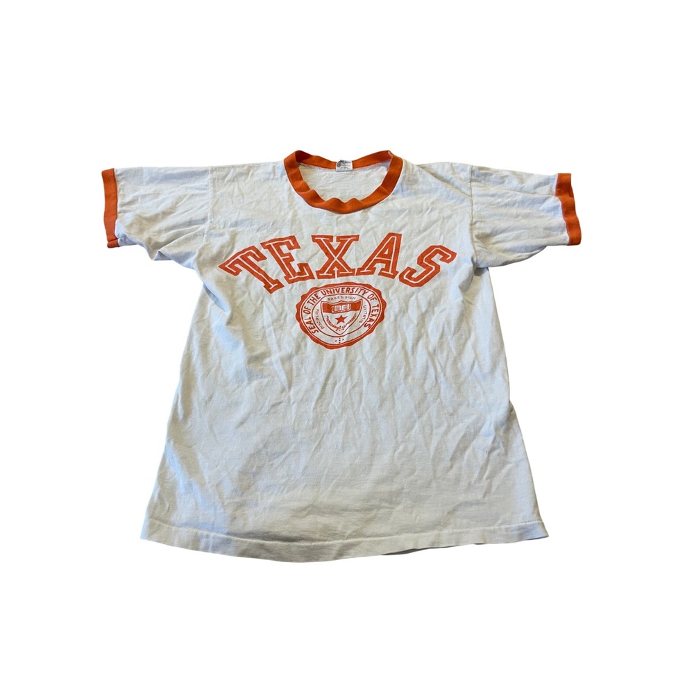 Vintage 70s Champion Texas Longhorns Ringer T-Shirt White Orange Medium USA Made